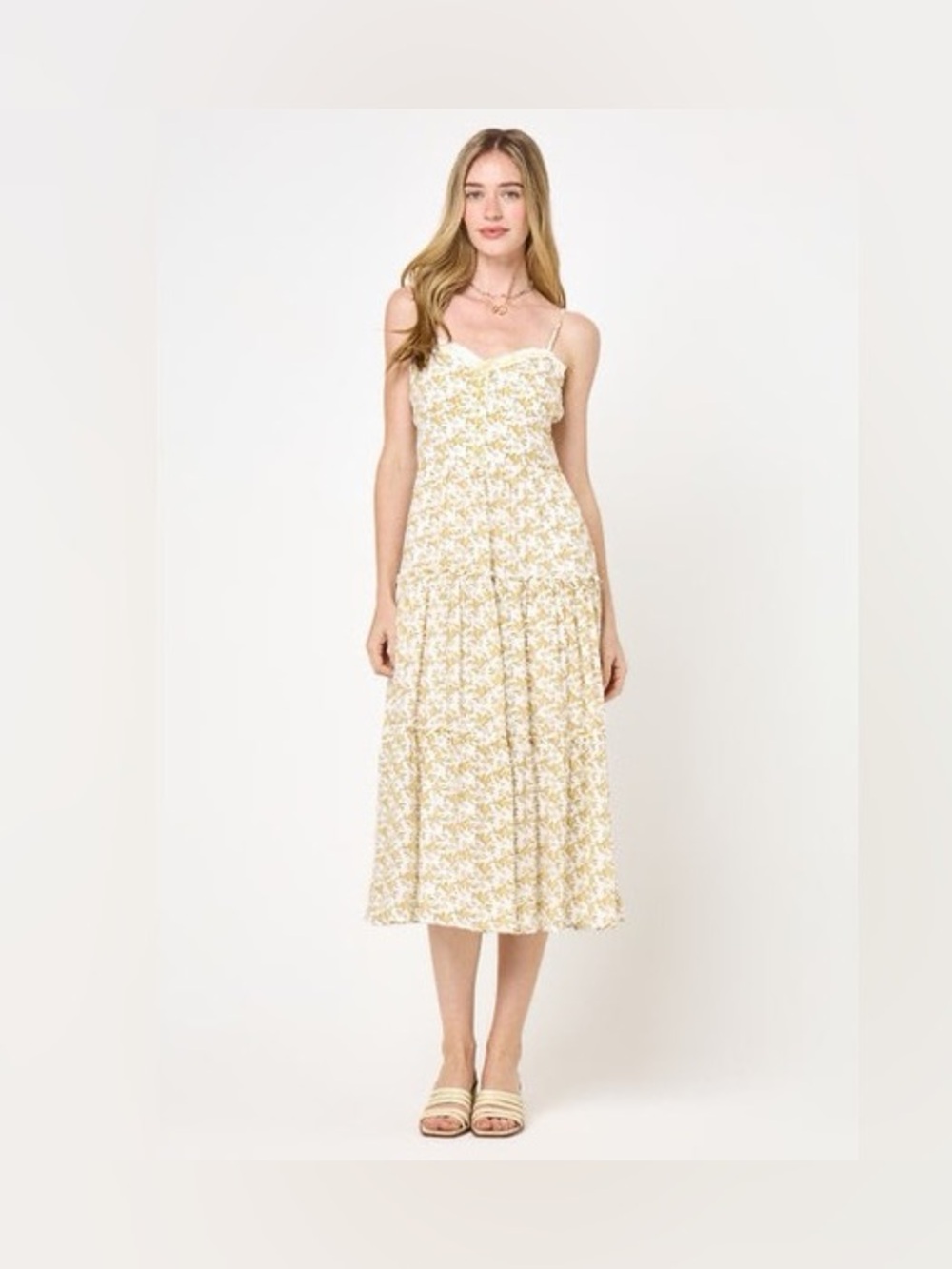 NWT Trixxi Yellow Floral Tiered Midi Sundress Cottagecore Sz M w/ Hair Bow/Clip